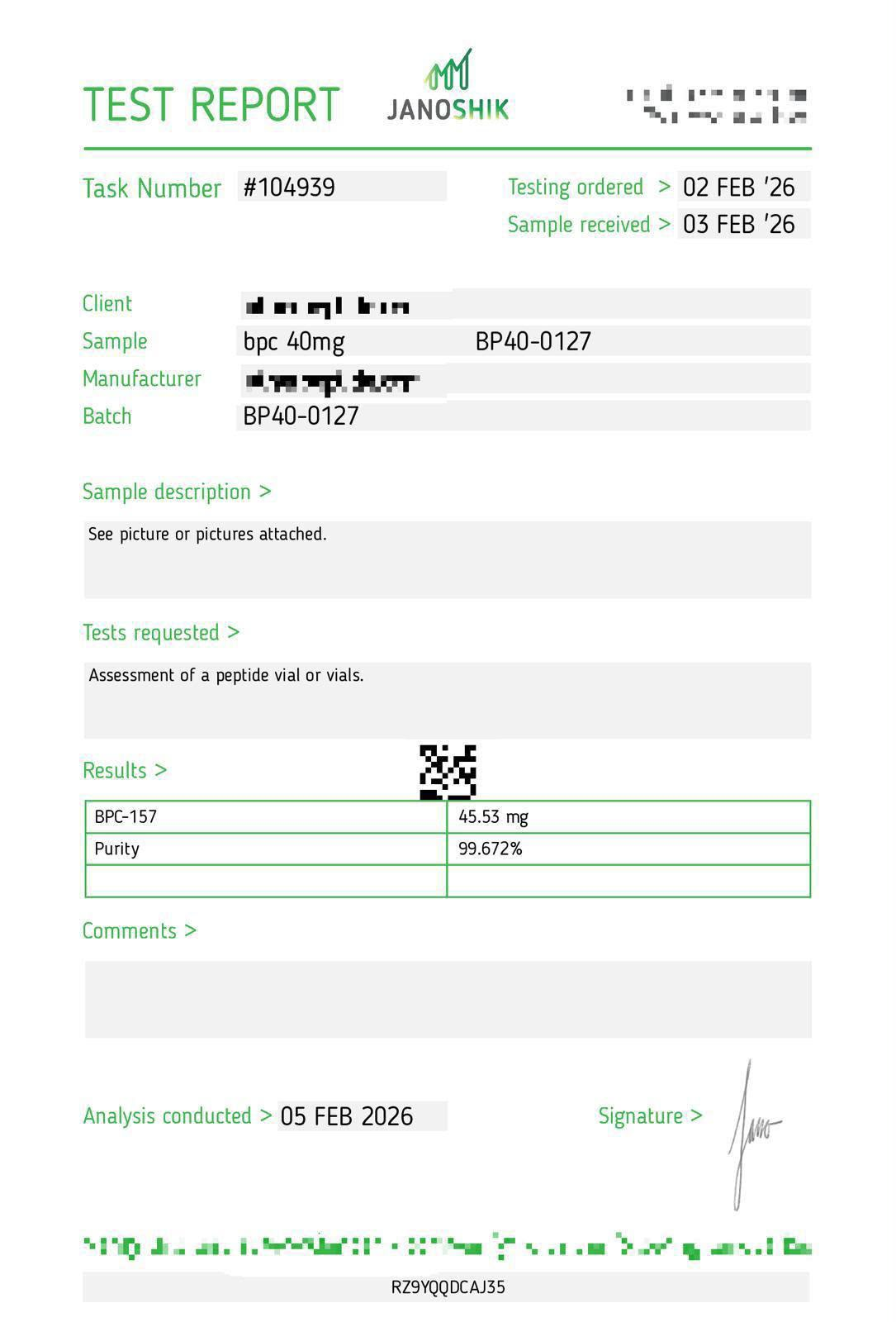 Janoshik testing report for BPC 40mg
