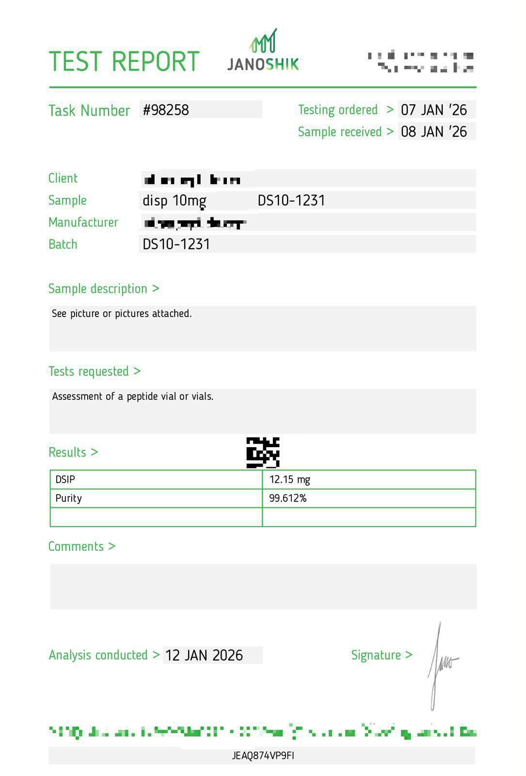Janoshik testing report for DSIP 10mg
