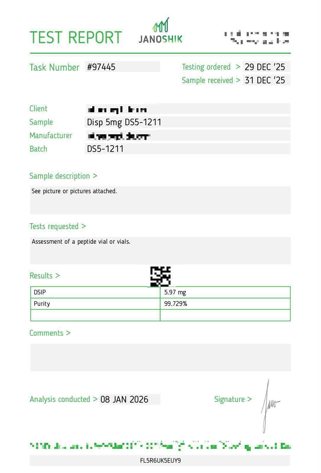 Janoshik testing report for DSIP 5mg