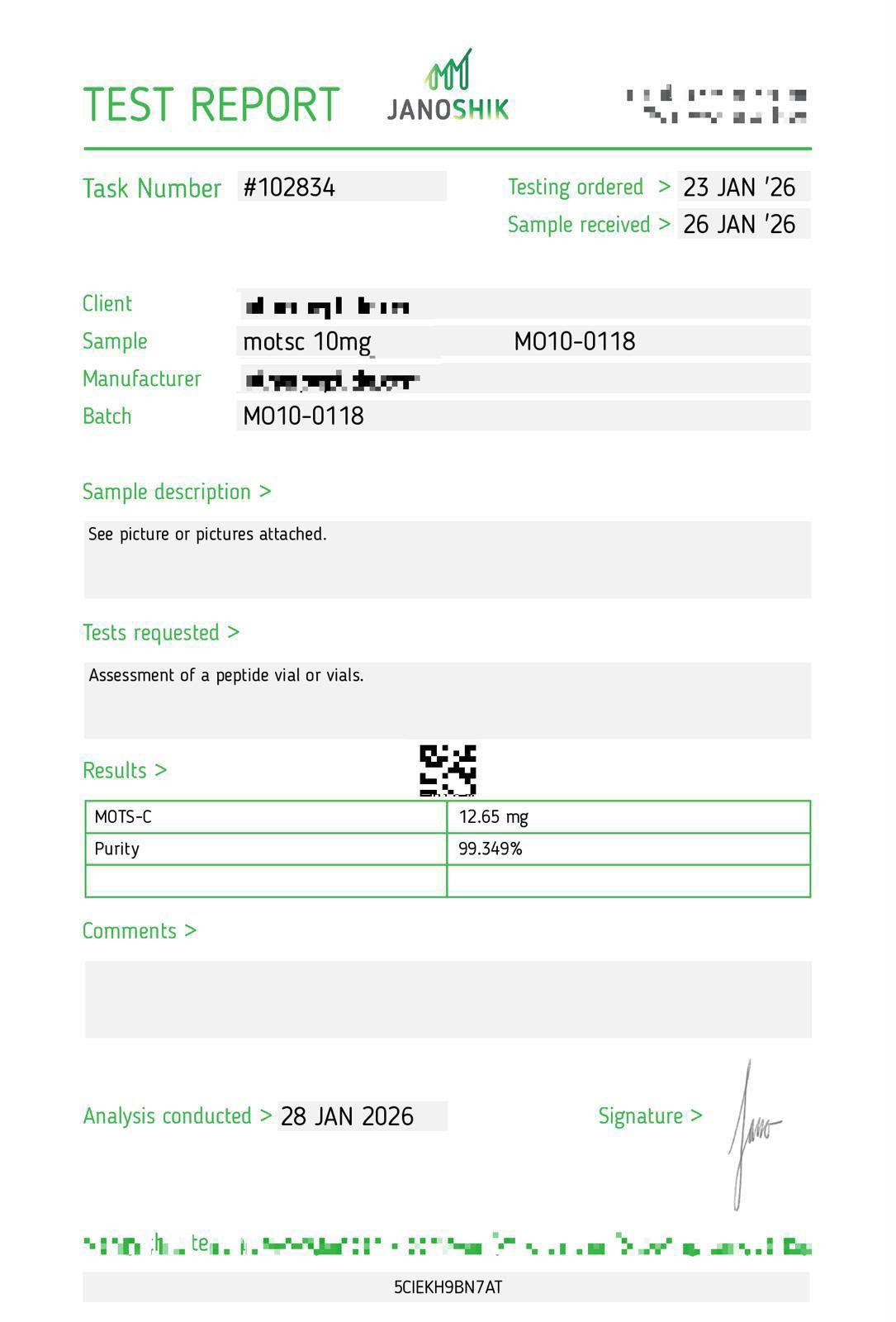 Janoshik testing report for MO 10mg
