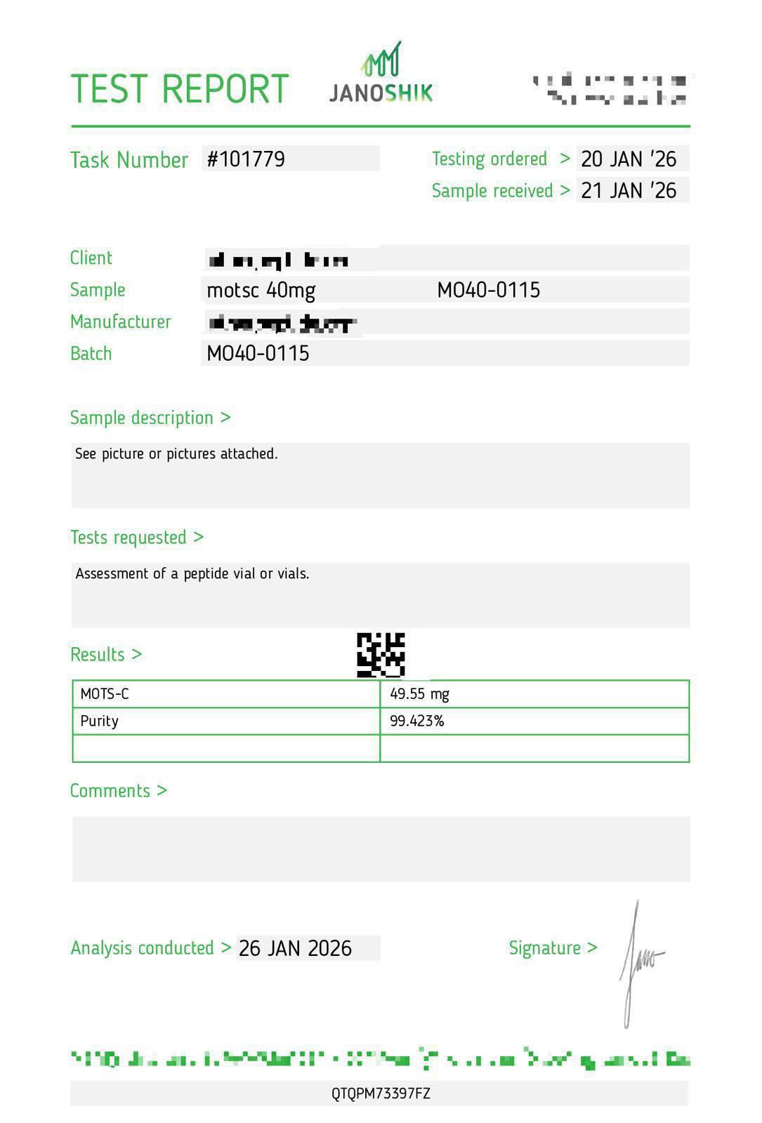Janoshik testing report for MO 40mg