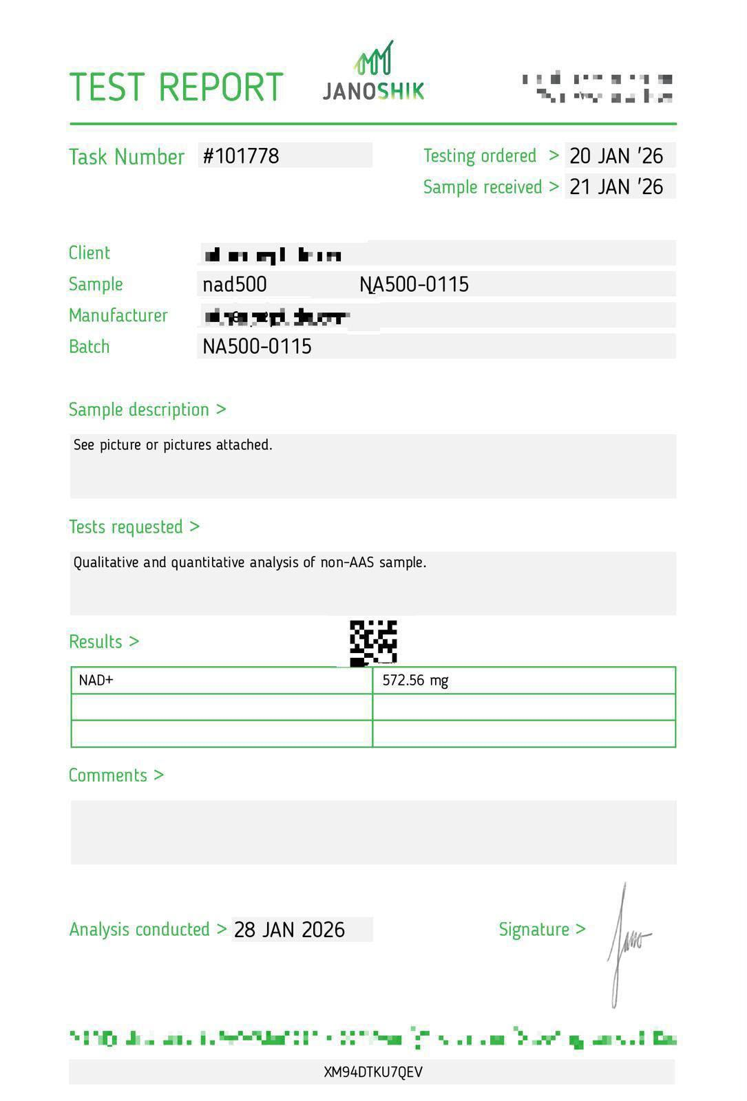 Janoshik testing report for NAD500