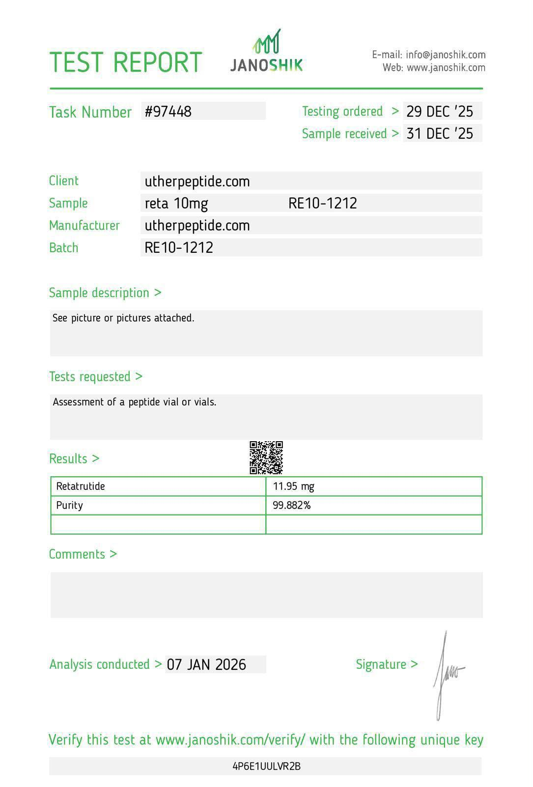 Janoshik testing report for Reta 10mg