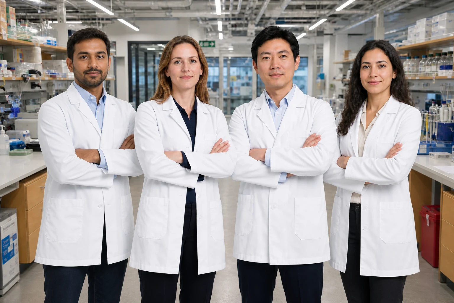 Four WKLabPeptides peptide experts in a laboratory